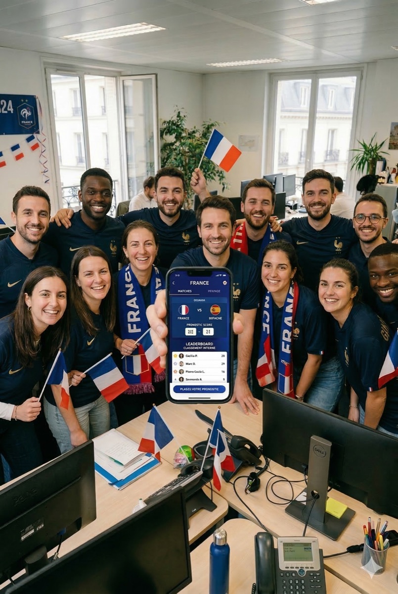 Équipe de collaborateurs célébrant avec l'application de pronostics football Pulse lors d'un match France - Espagne en entreprise